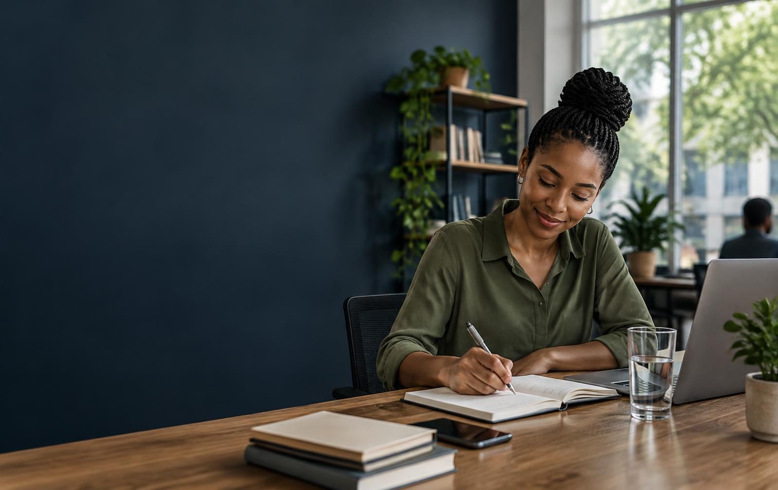 Illustrative image of a professional planning her next business chapter